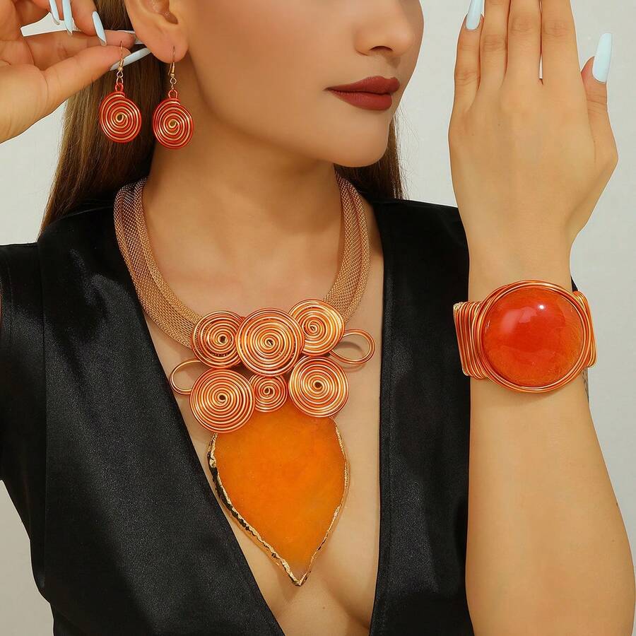 1 Set Handmade Exaggerated Multi-Layer Aluminum Wire Woven Resin Chain Bohemian European Middle Eastern Style Necklace, Earrings, Bracelet With Artificial Crystal Shapes, Suitable For Evening Party, Vacation - Orange - View 1