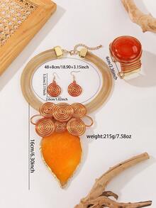 1 Set Handmade Exaggerated Multi-Layer Aluminum Wire Woven Resin Chain Bohemian European Middle Eastern Style Necklace, Earrings, Bracelet With Artificial Crystal Shapes, Suitable For Evening Party, Vacation - Orange - View 2