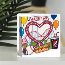 Romantic Proposal Amusement Park Themed Decorative Wooden Box - Red Heart Roller Coaster Track, Colorful Balloons, Ice Cream, Baseball, Hot Dog,  Cup & Rose, Playful Vibrant Design For Festive Gift Or Engagement Keepsake - White - View 3