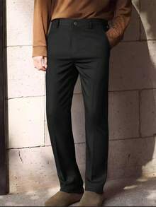 男士透气柔软直筒商务休闲裤，修身西装裤，宽松简约复古西装裤 - 黑色 - 查看 9
