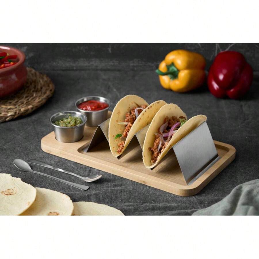 BLOOM STORE - Soporte para Tacos con Bol de Salsa | Set de Cocina en Bambú y Metal | Ideal para Servir Tacos, Aperitivos o Snacks en Hogar, Fiesta o Restaurante | Bol de 6 * 4 cm, Soporte 21 * 10 * 5 cm | Diseño Práctico y Elegante - Beis - Ver 1