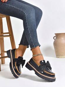 New Women's Loafers Thick Sole Spring/Autumn Fashion Versatile PU Outdoor Wear Bow Patent Leather Black Round Toe Slip-On Shoes - Black - View 6