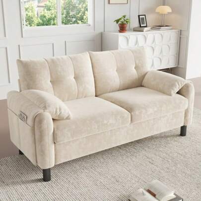 Modern 2-Seater Sofa, Comfortable Upholstered Sofa Made Of Chenille Fabric With Thick Cushions, Cozy Couch For Living Room, Bedroom, Small Apartment, Scandinavian Design Upholstered Furniture, Beige