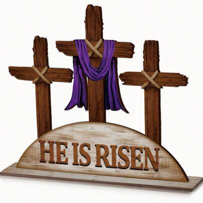 1 Adet Paskalya Sahnesi ve Haç Süslemeli Dini Ahşap Masa Logosu Hristiyan Yemek Masası Orta Süsü Paskalya, Doğum Günü, Kırsal Çiftlik Evi, Aile Bahar Dekorasyonu İçin Uygundur (Klasik Stil)