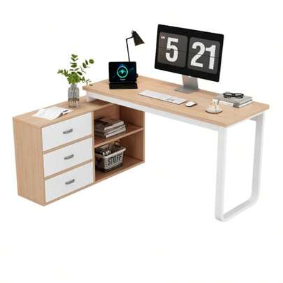Simple Desk, Office Desk, Three Drawers, Two Open Shelves, Solid Steel Tube Frame, Wide And Thick Top, High Load Capacity, Natural Appearance