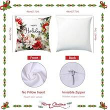 4pcs Christmas Vintage Poinsettia Wreath Throw Pillow Cover Set, Single-Sided Printed Peach Velvet Polyester Material, 45*45/50*50/40*40CM Cushion Cover Suitable For Room Decor, Modern Minimalist Sofa Living Room Decor, Gift, Party Decoration - 多色-1 - 查看 2