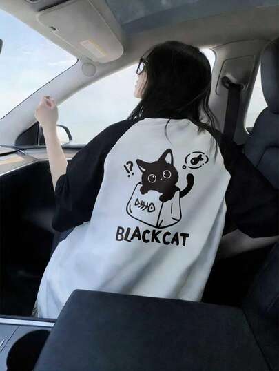 休闲黑白撞色拼接插肩袖嘻哈字母数字印花宽松舒适日常街头风女式短袖T恤，春夏款