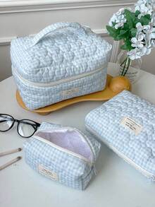 1件/套蓝色格子绗缝大容量化妆包化妆品收纳包，女孩甜美时尚便携化妆包旅行化妆包，多功能拉链收纳袋，可装口红、卫生巾、硬币、钥匙、发夹、发圈等，可爱旅行洗漱包旅行收纳化妆包，母亲节礼物，开学礼物，新年礼物 - 藍色 - 查看 8