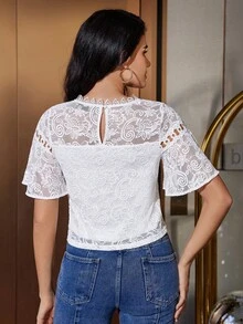 MIUSOL White Floral Lace Flare Sleeve Round Neck Fitted Blouse, Spring/Summer, Ruffle Trim Sleeve Top - White - View 2