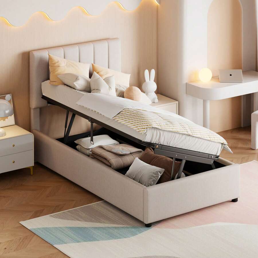 Upholstered Single Bed 90 X 200 Cm, Youth Bed, Bed With Storage Space, Wooden Slatted Base, Headboard With Storage Compartment, Beige Linen Fabric (2 Packs) - Màu be - Xem 1