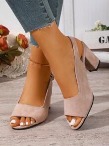 9cm Thick Heel Women's Classic Peep Toe Sandals With Ankle Strap, Faux Suede Material, High Quality