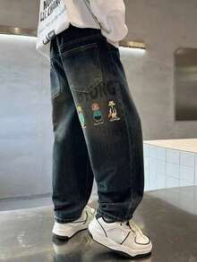 Spring & Autumn New Cartoon Graffiti Big Teen Boy Jeans, Loose Fit Streetwear Dad Jeans For Teenage Boys - Royal Blue - View 1