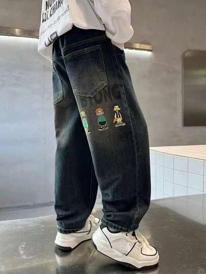 Nuevos jeans de primavera y otoño con estampado de graffiti de dibujos animados para adolescentes, jeans anchos de estilo callejero para adolescentes