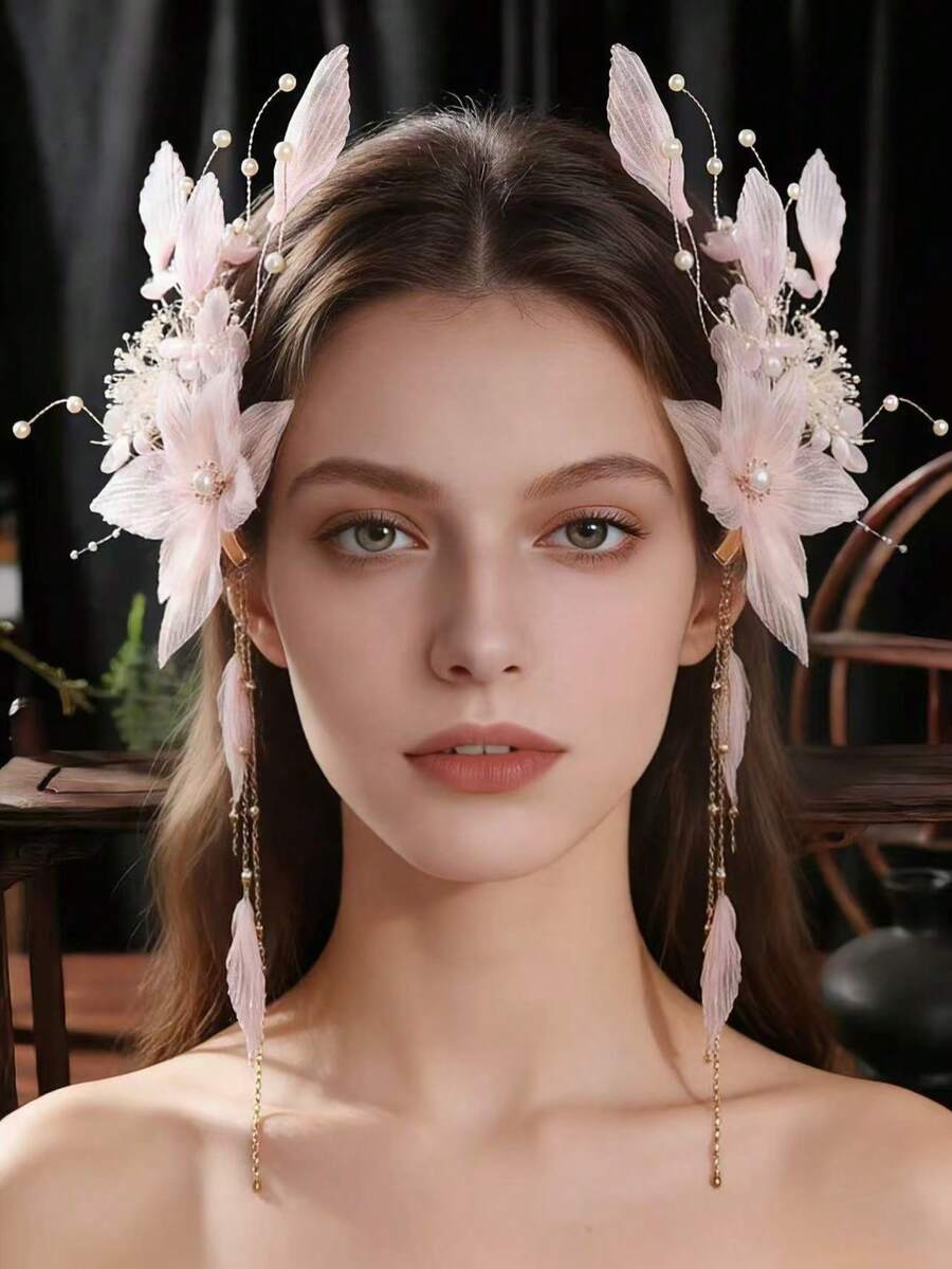 2pcs Chiffon Elegant Bright Red Flower Hair Accessories, Prop For Photo Studio, Hanfu Hair Clip - Snow Bud - View 1