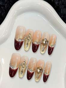 10PCS Long Oval Fake Nails With French Gold Red Tip Design Rhinestone Decor For Party Wedding Nail Supplies - Multicolor - View 1