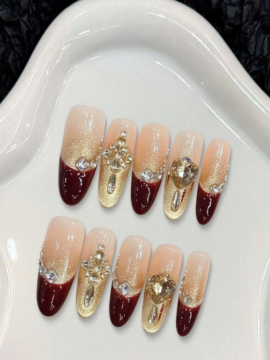 10PCS Long Oval Fake Nails With French Gold Red Tip Design Rhinestone Decor For Party Wedding Nail Supplies - Multicolor - View 1