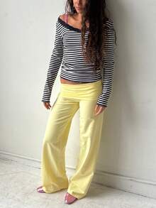 Women Wide Leg Pants Solid Color Fold Over Waist Casual Trousers Spring Fall Loose Sweatpants Bottoms - Màu vàng - Xem 4