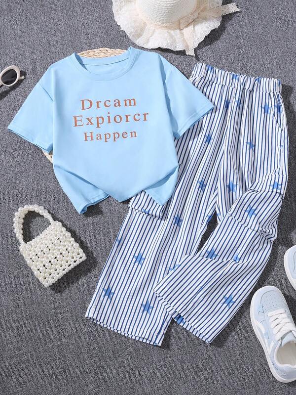 Girls' Summer Letter Print T-Shirt & Striped Star All-Over Print Cargo Pants 2 Pieces Set