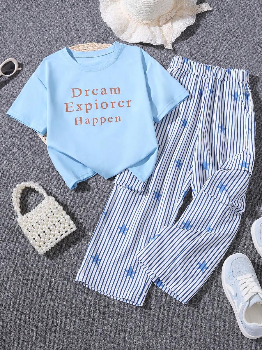 Girls' Summer Letter Print T-Shirt & Striped Star All-Over Print Cargo Pants 2 Pieces Set - Blue - View 1