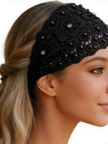 3pcs Vintage Floral Lace Headbands For Women, Wide Beaded Hair Accessories With Elastic Back Band, Fashion Headbands For Covering Gray Hair & Daily Casual Looks, Premium Hair Accessories For Women's Styling - 3件套 - 查看 4