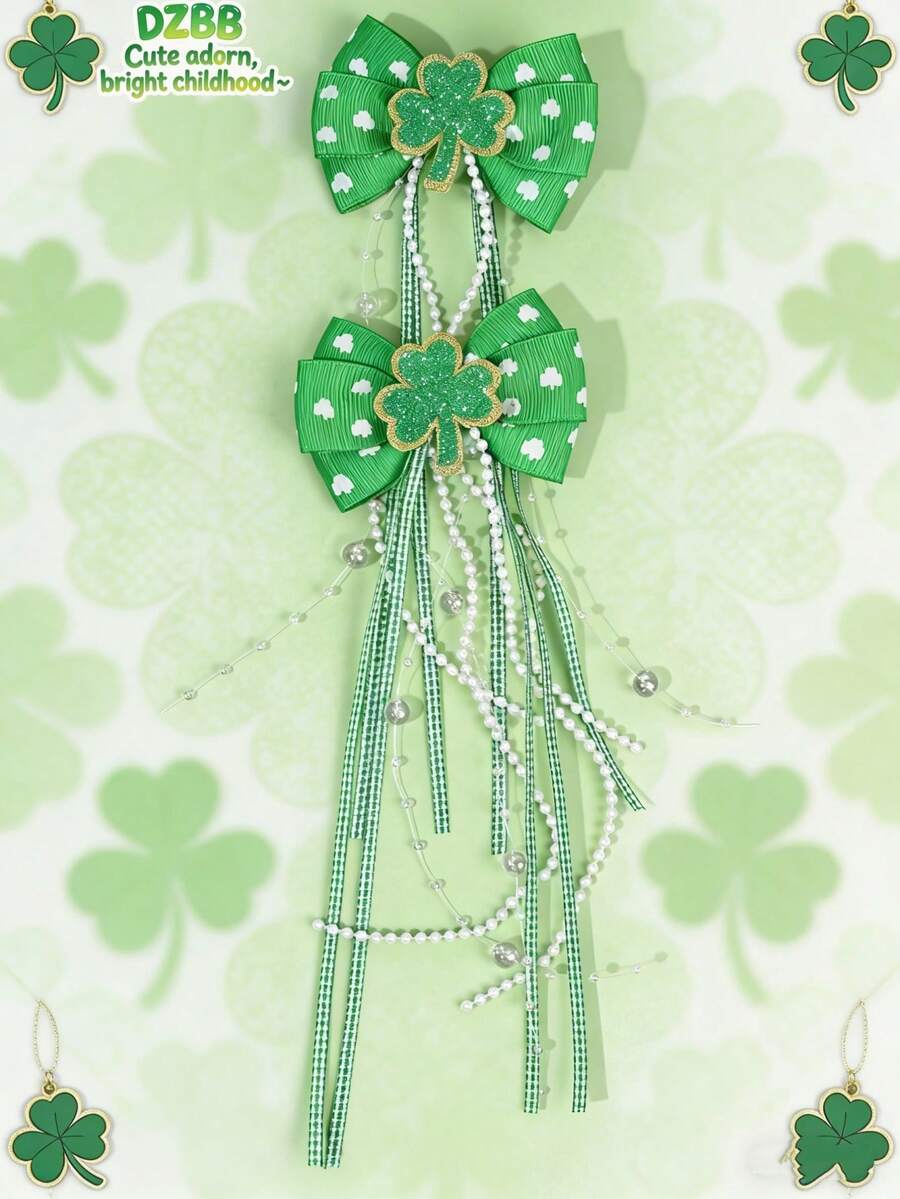 2pcs St. Patrick's Day Green Grosgrain Fabric Clover Hair Clips,Beadeds Pendant Hair Bows,Oxalis Corniculata L. Print Hair Barrettes For Girls Kids Holiday Gifts - Multicolor - View 1