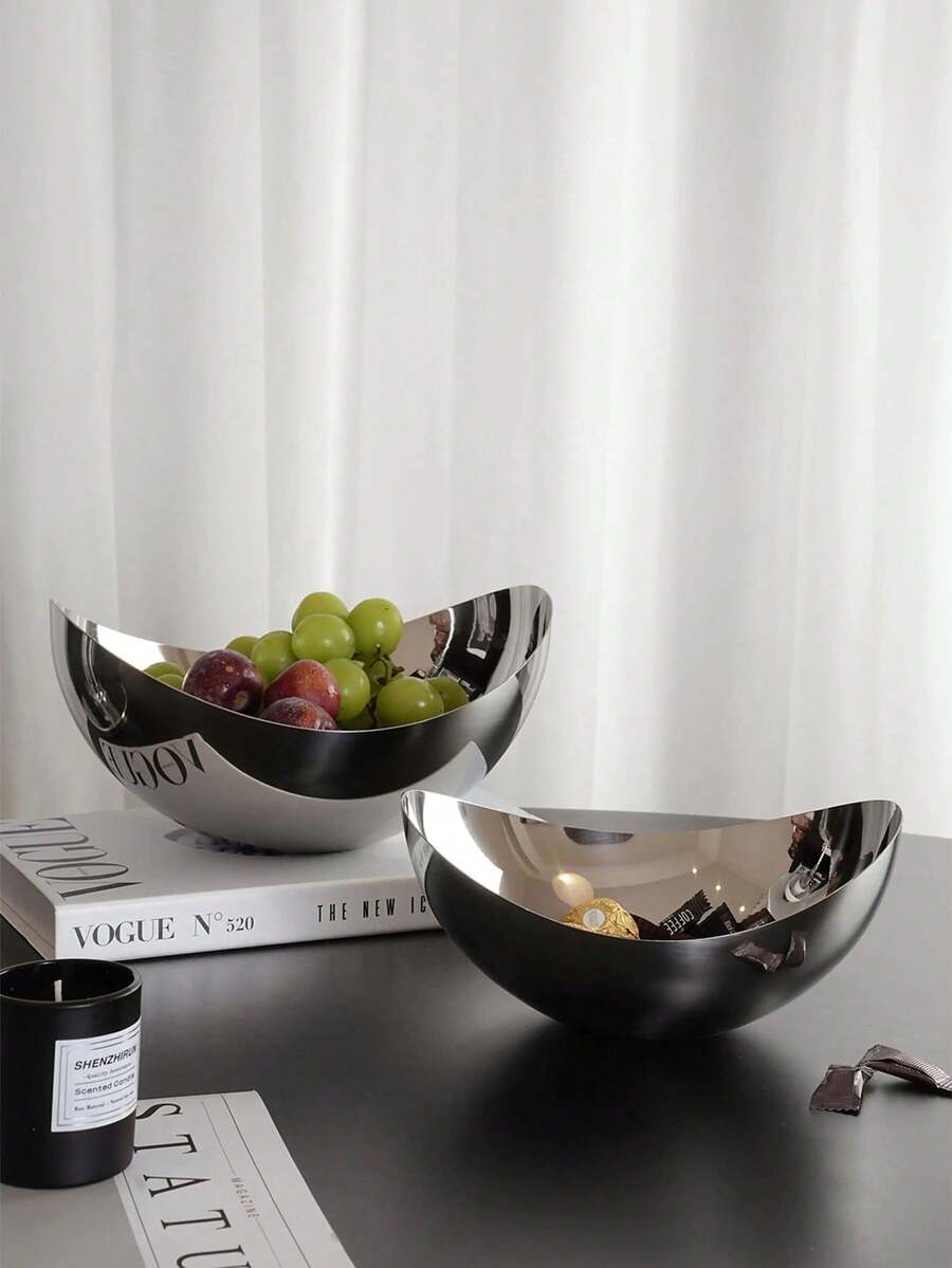 1pc German Luxury Stainless Steel Fruit Plate, Household Living Room Tea Table Dried Fruit Snack Tray, Creative Decor - Silver - View 1