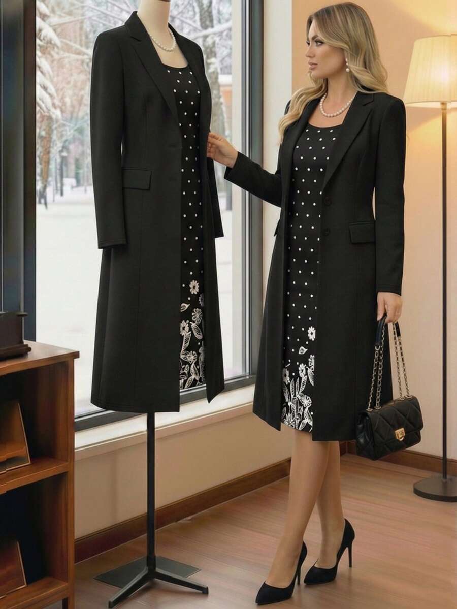 Set de 2 piese pentru femei, mărime plus, sacou cardigan, casual, versatil, culoare solidă, sacou lung + rochie midi elegantă cu imprimeu floral de zi cu zi, toamnă/iarnă - Multicolor - Vizualizare 1