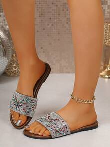 Dép lê thời trang nữ, kiểu dáng slip-on, mặt trên lấp lánh, đế bằng chống trượt, dép cho bé gái, thích hợp sử dụng trong nhà, phòng khách, phòng ngủ, phòng tắm, ngoài trời, bãi biển, tiệc tùng. - Bạc - Xem 5