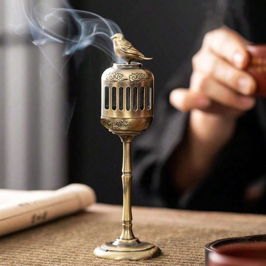 Gold Magpie Lantern Incense Burner, Vintage Style Tabletop Aromatherapy Decor, Incense Holder, Living Room Accessory, Metal Incense Burner, Home Temple Decoration, Aroma Therapy, Incense Stand, Incense Tower, Sandalwood Container, Tea Ceremony, Gift, Traditional Cultural Gift Gifts Birthday Graduation - Mocha Brown - View 1