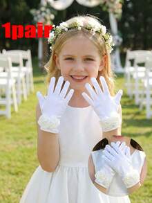 儿童缎面光滑弹力手套一双装 - 缎面花童手套，适合女孩选美比赛、芭蕾舞表演、公主生日派对和婚礼，超柔软 - 1Pair - 查看 1