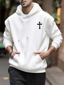 Sudadera Con Capucha Casual Minimalista Con Estampado De Cruz Y Cordón, Con Bolsillo, De Vuelta Al Colegio, Para Otoño E Invierno, Parte Superior De Manga Larga Para Hombres - trắng - Xem 2