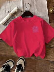 [Women's Coconut Tree-Shirt] Women's Spring/Summer Casual Round Neck Short Sleeve Fashion Coconut Tree Print-Shirt, Stretch Polyester Fabric, Easy Care And Washable, Suitable Casual Attire. Women's Clothing, Standard Size Valentine Outfits Women,Summer Outfits DJQZ - Đỏ - Xem 2