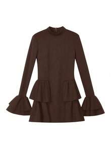 Vestido formal de manga larga con cuello de volantes/volantes multicapa de tela de punto de unicolor elegante para mujer, adecuado para otoño y primavera - Café integral - Ver 9