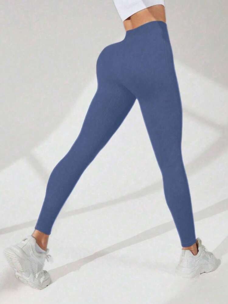 Set Of 3 Ribbed High-Waisted Leggings In High-Compression Polyamide - Black/Coffee/Jeans Blue - View 6