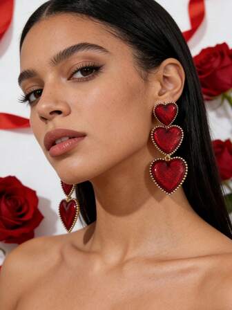 ZA 女士大胆叠层心形耳环 - 蓝/绿/红/金/银纹理款 | 情人节礼物 日常佩戴饰品