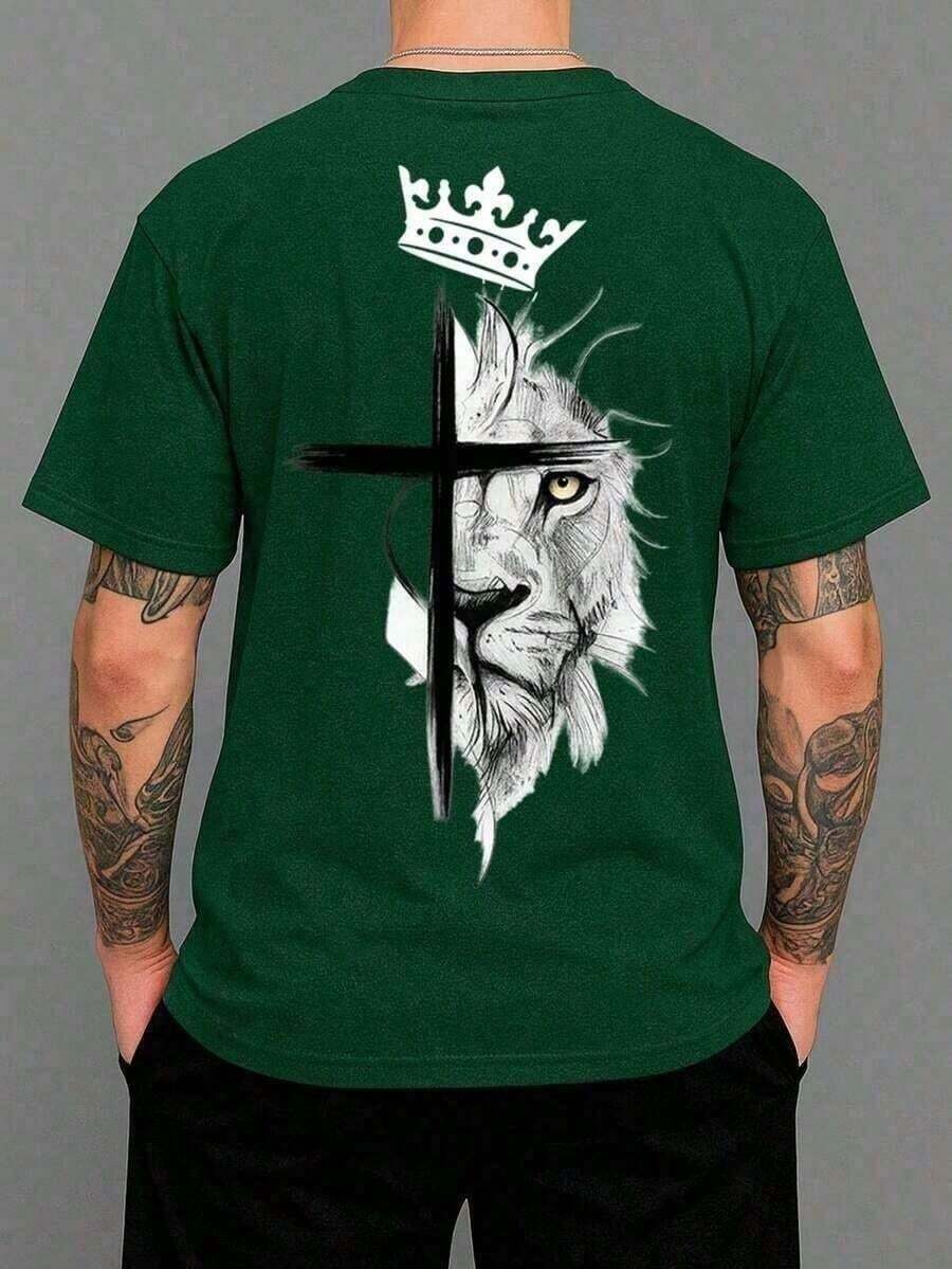 Camiseta Masculina Gola Redonda 100% Algodão Camisa Estampa Religiosa Camisa Descolada Varias Cores - Verde Militar - Visão 1