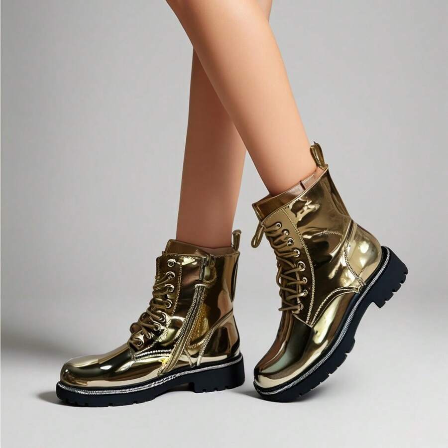 Women's Solid Color  Boots, Side Zipper Platform Lace Up Casual Boots, Round Toe Ankle Shoes - 金色 - 查看 1