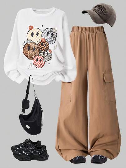 两件套个性风格少女套装，白色卡通图案圆领长袖上衣搭配卡其色宽松口袋阔腿裤，时尚设计，适合春秋季穿着。