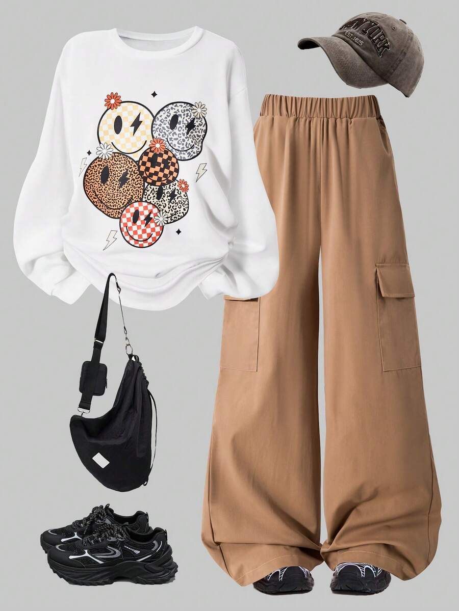 两件套个性风格少女套装，白色卡通图案圆领长袖上衣搭配卡其色宽松口袋阔腿裤，时尚设计，适合春秋季穿着。 - 白色 - 查看 1