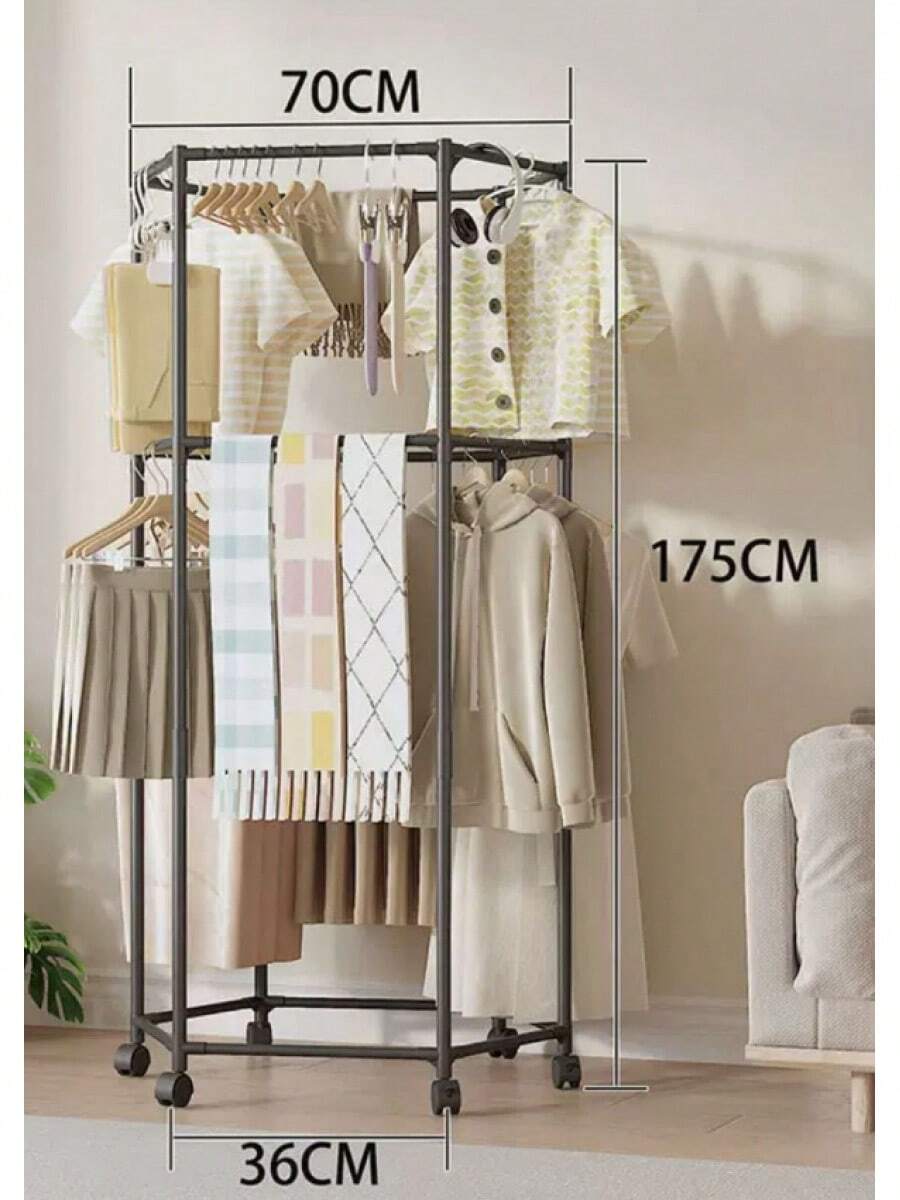 Sturdy Hexagon Double-Layer Clothes Rack – Heavy-Duty 2-Tier Garment Organizer With Lockable Wheels, Durable Metal Frame For Bedroom/Closet Large-Capacity Clothing Storage Stand - Black - View 1