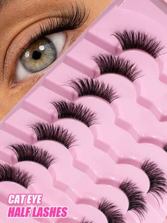 7 Pairs Natural Fluffy False Eyelashes, Cat Eye Lashes, Elongated Lashes, Suitable For Daily Wear, Strip Eyelashes