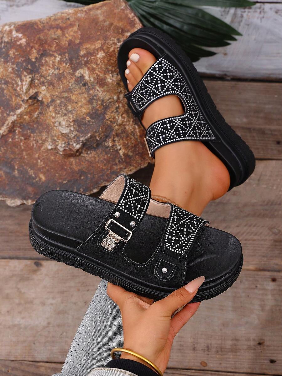 1 par de sandalias abiertas de mujer con suela gruesa brillante, hebilla de metal texturizada con rhinestones, cómodas y versátiles, adecuadas para el verano - Negro - Ver 1