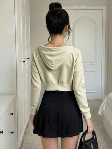 Women's Hooded Crop Top Long Sleeve Knitted Casual Drawstring Pullover Sweatshirt - Beige - View 2