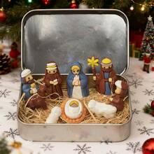 盒装耶稣诞生场景摆件，铁盒装饰，桌面圣诞摆件，祈祷场景耶稣摆件，节日展示，祈祷场景，耶稣诞生场景，精致设计，轻巧套装，圣诞装饰品，家庭传统 - 彩色 - 查看 1