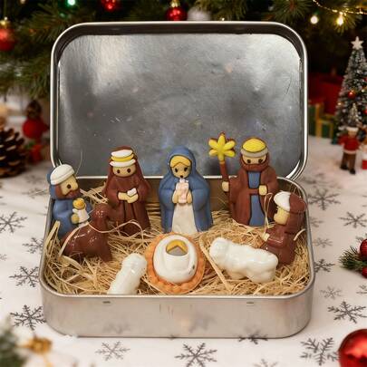 Escena del Nacimiento Jesús en Caja, Caja de Hojalata para Decoración de Escritorio Navideña, Artículos de Escena de Oración Jesús, Exhibición Festiva, Escena de Oración, Escena del Nacimiento, Diseño Detallado, Juego Ligero, Adorno Navideño, Tradición Familiar