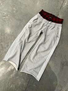 Pantalones casuales a rayas, Harajuku, hip-hop, cintura alta, rectos, para deporte al aire  street dance - Empalme gris y rojo - Ver 4