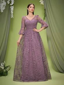 Anpoket V-Neck Embroidered Lace Cropped Sleeves High-End Evening Dress, Party Dress, Wedding Guest Dress, Formal Dress, Gown, Valentine's Day - Dusty Pink - View 3