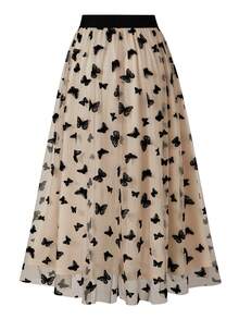 EARO Women's Long Butterfly Print Mesh A-Line Skirt, Flowing Fabric, High Waist - Apricot - View 2