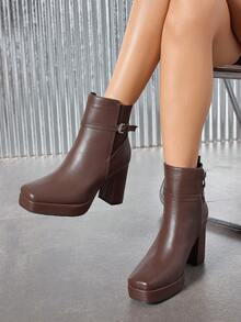 Giày bốt nữ cổ điển, bốt cổ thấp đế dày, bốt mũi vuông, khóa kéo bên hông, chất liệu da, khóa cài, kiểu dáng thường ngày thoải mái, thanh lịch, đế dày, màu nâu đậm. - nâu sẫm - Xem 1