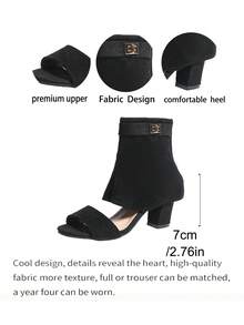 女士粗跟露趾踝靴，新款春夏高跟黑色裤筒凉鞋，时尚百搭露趾靴，女士夏季露趾靴，仿麂皮夏季凉鞋靴 - 黑色 - 查看 6